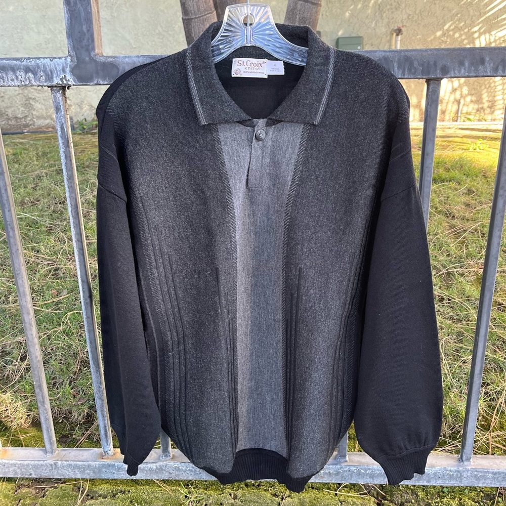 St Croix Men's Merino Wool Sweater Size M Medium 1/4 Button Made USA Black Gray